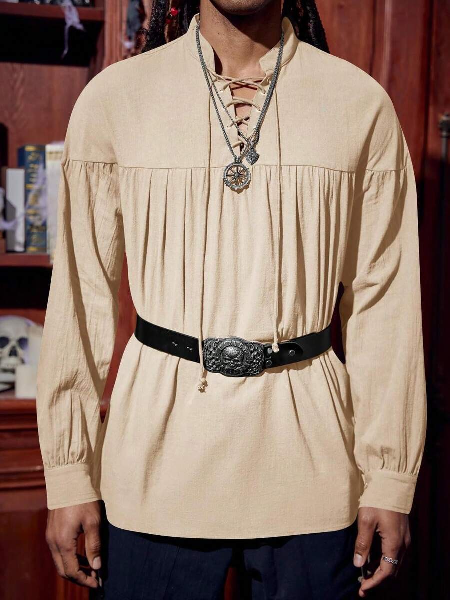 Men's Halloween Costume Blouse Long Sleeve Medieval Pirate Look Steampunk Viking & Renaissance Elements Lace Up Scottish Style - 米色 - 查看 1