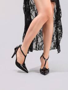 女士时尚黑色高跟鞋，性感尖头，优雅镂空细高跟，适合派对、宴会等场合，红底高跟鞋 - 黑色 - 查看 7