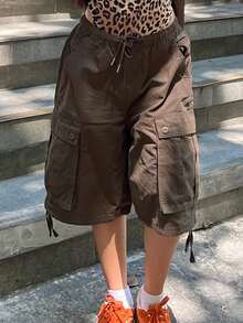 Baggy Cargo Pants For Women High Waist Wide Leg Baggy Shorts Y2K Casual Athletic Lightweight Hiking Capri Shorts With Pockets - màu nâu - Xem 1