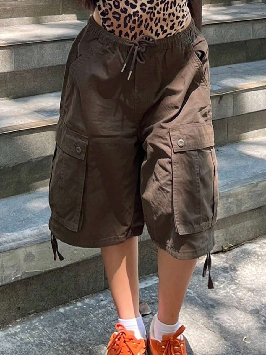 Baggy Cargo Pants For Women High Waist Wide Leg Baggy Shorts Y2K Casual Athletic Lightweight Hiking Capri Shorts With Pockets - màu nâu - Xem 1
