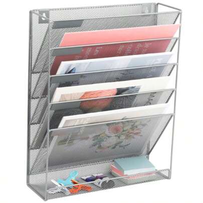 Estante de metal de cinco níveis para parede, ideal para arquivar jornais e revistas, organizar materiais de escritório, guardar livros e documentos.