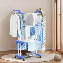 Foldable 3-Tier Drying Rack With Wheels, Large Capacity Laundry Rack, Home Storage Helper - Blue and White - View 6