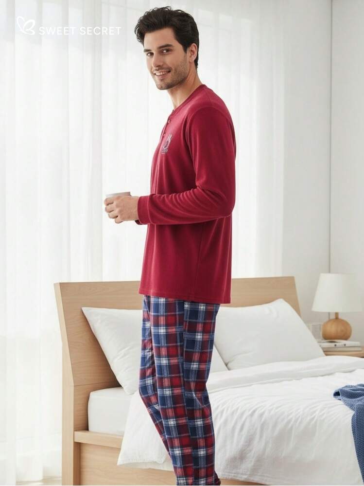 Men's 2-Piece Set, Figures, Button, Soft, Long Sleeve, Autumn And Winter Clothing - 紅色 - 查看 2