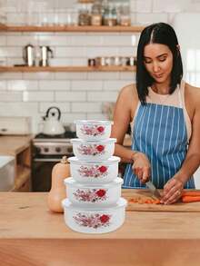 5件套彩色搪瓷密封保鲜盒，容量分别为10/12/14/16/18克，适用于水果蔬菜的食品储存碗，圆形盖子，可重复使用，时尚搪瓷汤/沙拉碗，适合学校、露营、野餐、办公室等场合。