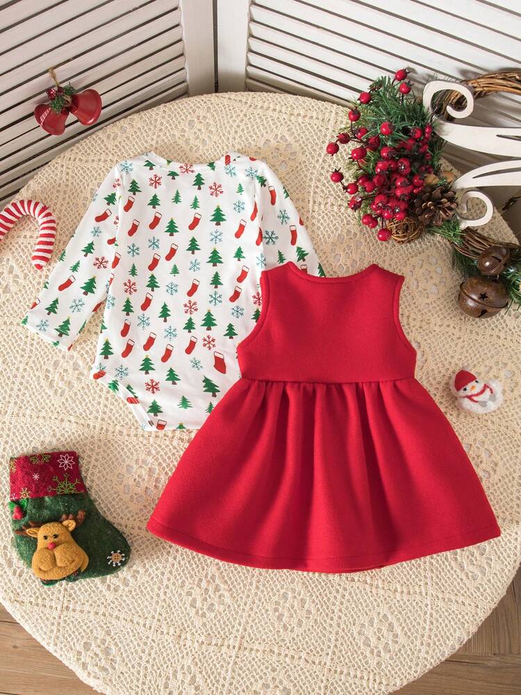 Conjunto de vestido de Navidad para niñas bebé, Otoño/Invierno 2025, Parte superior + Falda de tirantes, Lindo conjunto para fiesta de Navidad, Conjunto de tirantes bordados para uso diario - Blanco - Añade 2