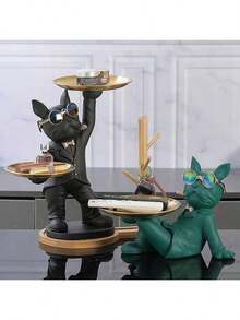 33.5CM Butler French Bulldog Statue - Resin Decor With 2 Serving Trays, Vintage Home Accent For Living Room/Bar