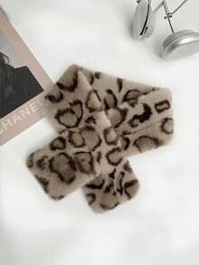 2pcs/Set Leopard Print Vintage Polyester Fleece Scarf & Beanie Hat, Autumn/Winter