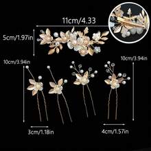 5 piezas Accesorios para el cabello de boda con flores, Set de pasadores de pelo de lujo minimalistas con perlas falsas, para verano, playa, festival, cumpleaños - Dorado - Ver 6