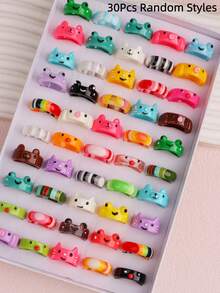 10/20/30个可爱卡通动物树脂戒指，青蛙、小猫、小鸡，条纹图案，日常佩戴，节日礼物配饰 - 動物樹脂戒指混 - 查看 11