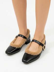 2025 New Autumn/Winter French Retro High Heel Furry Mary Jane Shoes, Soft Leather Thick Heel Pumps - Black - View 6