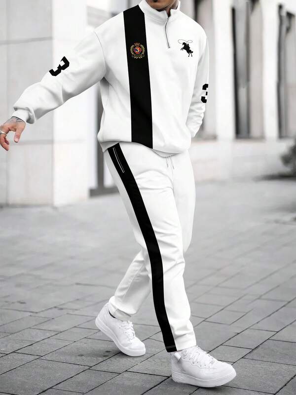 男士商务休闲骑士印花半拉链落肩卫衣裤套装，秋季服装