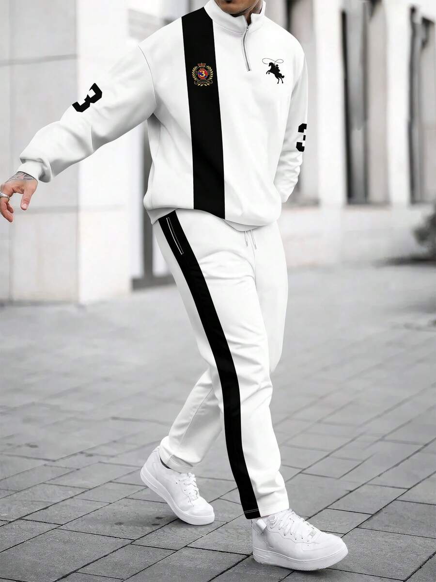 Men's Business Casual Knight Print Half-Zip Drop Shoulder Sweatshirt And Pants Set, Fall Clothes