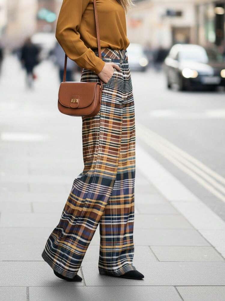 Lightweight Brown Plaid Wide-Leg Trousers For Summer, With Pockets, Versatile For Everyday Wear And Commuting - Mocha Brown - View 8