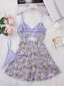 Women Sexy Lingerie Embroidery Butterfly Babydoll Sheer Mesh Nightgown Chemise Boudoir Nighty Sleepwear With Thong - Màu tím - Xem 2