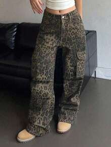 Women's Leopard Print Cargo Pants, Loose Retro Wide Leg Casual Trousers, Autumn - Black - View 1