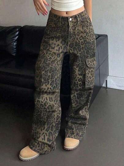 Women's Leopard Print Cargo Pants, Loose Retro Wide Leg Casual Trousers, Autumn