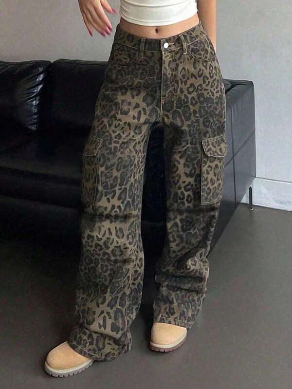 Women's Leopard Print Cargo Pants, Loose Retro Wide Leg Casual Trousers, Autumn