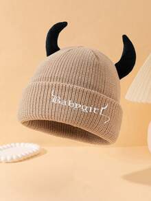 1pc High Quality 85g Large Circumference Women's Fashion Solid Color "BABYGIRL" Embroidered Knit Hat With Horn Decor, Suitable For Halloween Outfit And Outings Winter Women - A - View 11