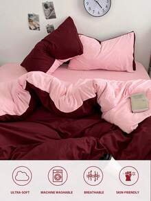 2/3件套简约纯色被套套装，包含1个被套和1/2个枕套，柔软透气，适用于卧室/客房，适合家庭、宿舍使用，通过Oeko-Tex认证 - 深紅色 - 查看 5