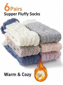6 Pairs Fuzzy Thermal Lined Soft Cozy Plush Slipper Socks, Warm Winter Socks, Christmas Stocking Stuffers Gifts For Women, Autumn - Multi-color a - View 1