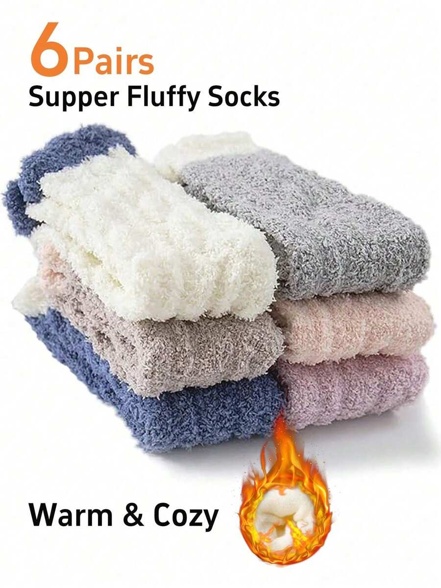 6 Pairs Fuzzy Thermal Lined Soft Cozy Plush Slipper Socks, Warm Winter Socks, Christmas Stocking Stuffers Gifts For Women, Autumn - Multi-color a - View 1