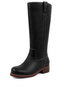 Women Campus Knee High Boots Square Toe Riding Boots Vintage Pull On Riding Boots Wide Calf Boots Chunky Block Low Heel Moto Boots - 黑色 - 查看 3