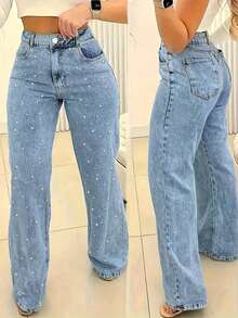 Women's Multi-Pocket Straight Jeans With Pearl Design, Women's Casual And Versatile Jeans Pantalones De Mujer Jean - Blue - View 10