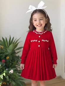 Young Girl Vacation Fashion Pearl Decor Round Neck Long Sleeve A-Line Knit Sweater Dress, Comfortable & Soft, Suitable For Daily, Outdoor, Travel, Vacation, Home, Daycare, School Wear, Spring/Autumn/Winter