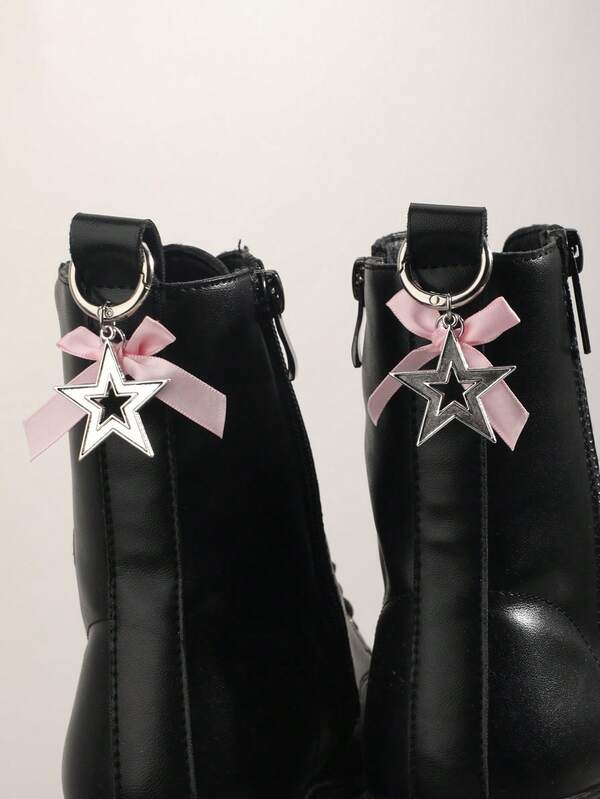 2 piezas Adornos colgantes de estrella gótica retro con purpurina rosa y lazo desmontable, decoración de metal punk para zapatos de lona, botas
