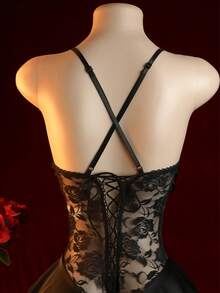 性感蕾丝连体衣，露背露裆设计，性感黑色内衣，抽绳设计，成人贴身衣物 | 蕾丝边饰 | 可调节肩带，内衣配饰 - 黑色 - 查看 5