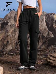 女士户外多口袋设计长裤，黑色，百搭时尚，简约设计，裤脚可调节，休闲工装裤