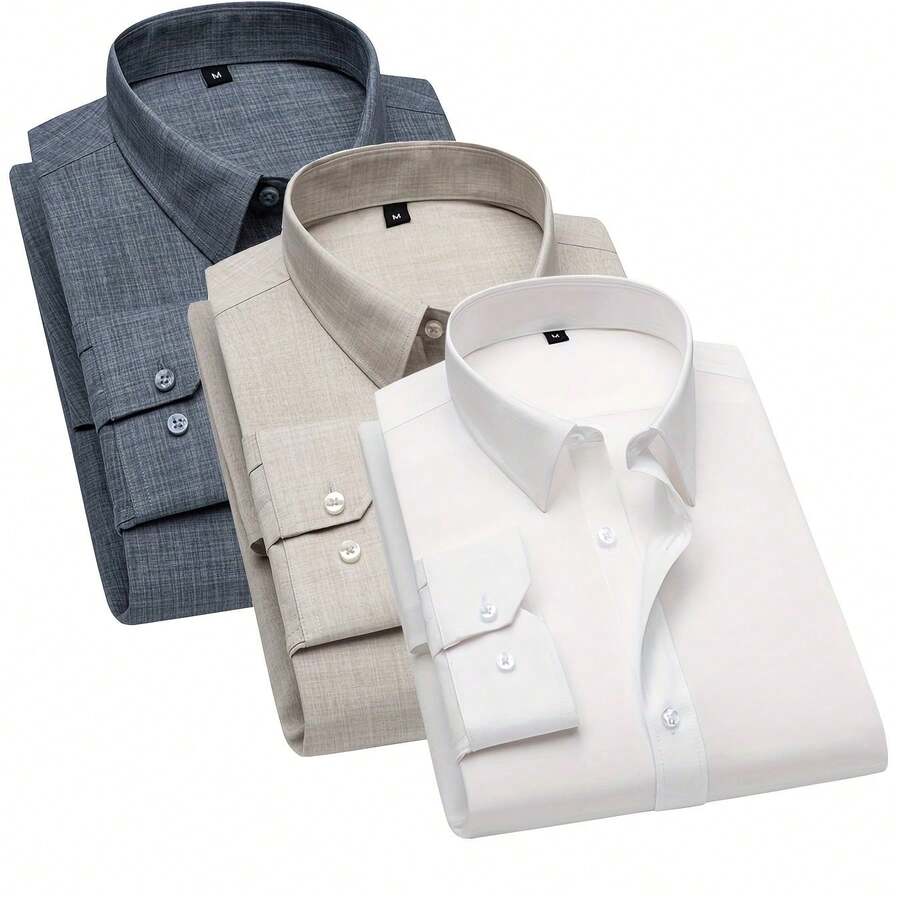 3pcs Breathable High-Quality Shirts For Men And Women, Forest-Themed Breathable Shirts, Business Formal Shirts, Casual Daily Shirts, Simple Vibrant Solid Color Shirts, Long Sleeve Button-Up Shirts, Romantic Island Beach Wedding & Proposal Shirts, Summer Autumn Forest Color Shirts, Men Shirt Long Sleeve, Shirt For Men, Long Sleeve Shirt Men, Men Clothe - 卡其色 - 查看 1