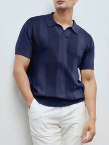 Men's Casual Summer Polo Top With Stripes And Patchwork Knit, Men's Summer Polo Top, Solid Color Short Sleeve Knit Sweater For Men, Summer Fashion - 藏蓝色 - 查看 1