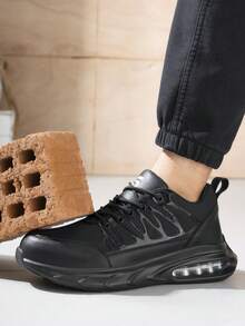 GUYISA Steel Toe Safety Shoes, Anti-Smash & Anti-Puncture, Fashionable Breathable Black Patchwork Design, Lightweight Air Cushion Soft Sole, Functional Shoes For Men,