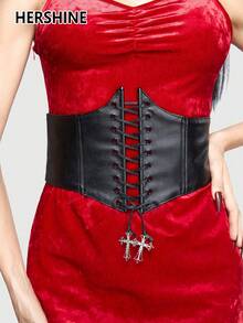 Hershine 1 pezzo Cintura vita da donna con decorazione a croce e occhielli, adatta per yoga quotidiano e modellatura, cintura corpetto vintage. Adatta per circonferenza busto sotto il seno delle donne, cintura vita in PU aderente - nero - Visualizzare 8