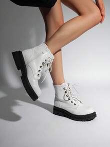 Women's Classic Combat Ankle Boots - 2 Platform, 5 Shaft, Non-Slip Rubber TPR Sole, Side Zipper & Lace-Up, All-Season Outdoor Hiking Booties For Walking, Camping & Rugged Terrain - 白色 - 查看 3