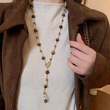 Retro Caramel Tiger's Eye Beaded Long Sweater Chain, Luxury High-End Elegant High-Grade Autumn And Winter Accessory Necklace For Women - 咖色 - 查看 6