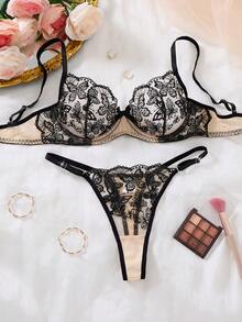 1 Set Of 2 Pieces Women's Black Embroidered Floral Sexy Daily Underwear Set, Butterfly Embroidered Underwear And Thong Two Pieces Set, Comfortable Home Style Bra Set - 黑色 - 查看 1