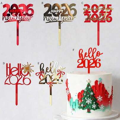 1pc/3pcs/6pcs Gold Red Hello 2026 Acrylic Cake Topper For Happy New Year Merry Christmas Party Cake Decoration Supplies, Wedding And Birthday Supplies, Home And Party Decorations