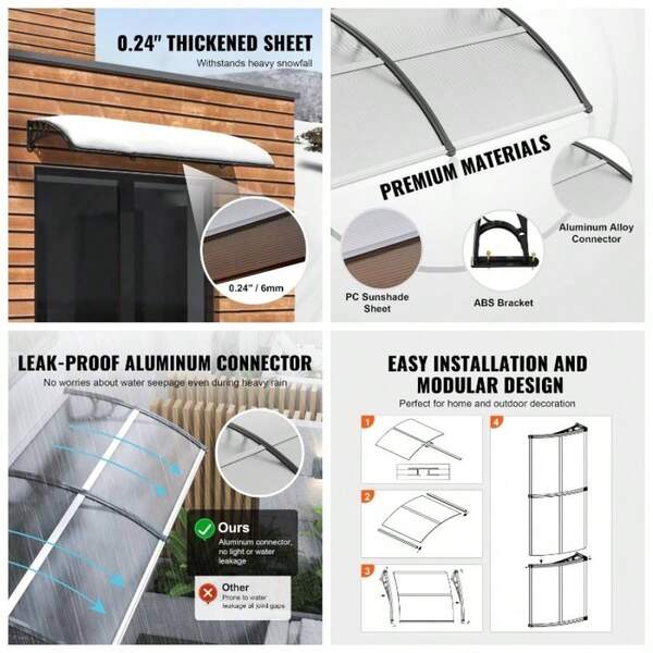 Window Door Canopy 40x 40 UPF 50+ Polycarbonate Door Canopy Exterior, Entry Door, Front Door Overhang Rain Snow Sunlight Hollow Sheet