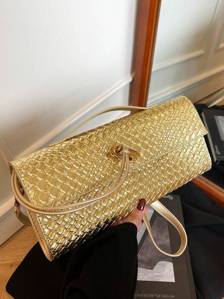 Women's High-Quality Solid Color PU Faux Woven Crossbody Clutch Bag - Gold - View 1