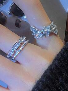 2pcs Y2K Style Copper Inlaid Asymmetric 5 Cubic Zirconia Rings Set, Daily Wear Women - Silver 3 - View 7
