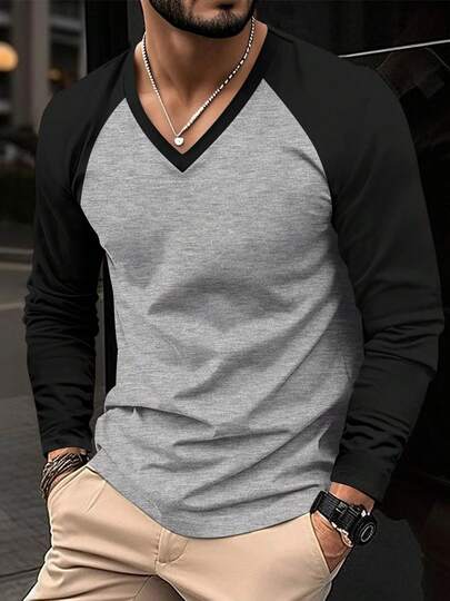 男士休闲V领撞色插肩袖T恤，宽松百搭，适合日常穿着和运动，春秋季款