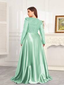 hezixi 高品质弹力亮片V领泡泡袖修身鱼尾裙摆设计，加大码纯色优雅奢华长裙，尽显女性魅力，适合派对、毕业典礼、婚礼、活动、晚宴和舞会等场合，女士正式礼服（豪华版）春季派对 - 綠色 - 查看 3