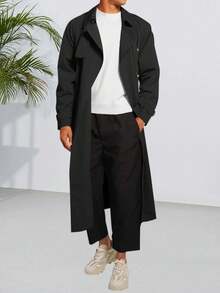 Runcati Mens Trench Coat Double Breasted Belted Windbreaker Jackets Lapel Lightweight Long Jacket Casual Overcoat - 黑色 - 查看 1