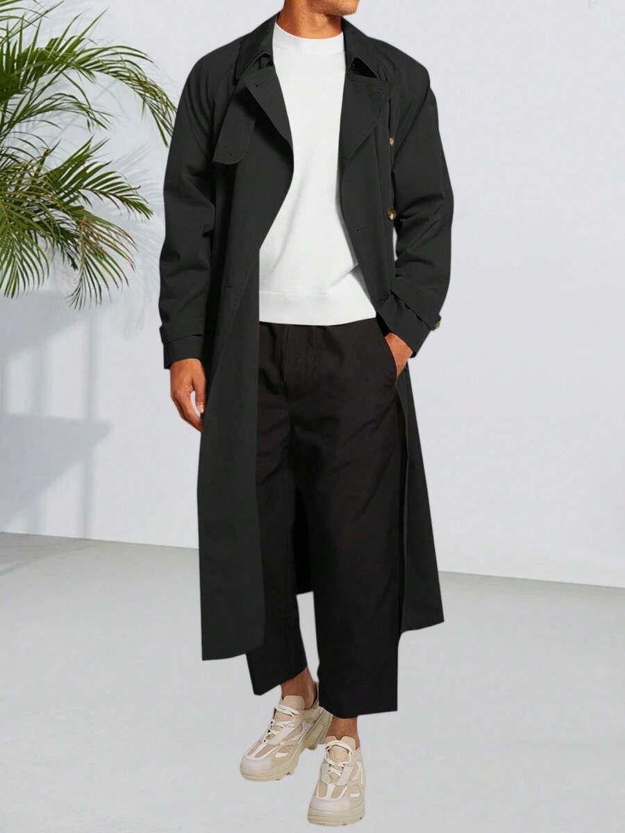 Runcati Mens Trench Coat Double Breasted Belted Windbreaker Jackets Lapel Lightweight Long Jacket Casual Overcoat - 黑色 - 查看 1