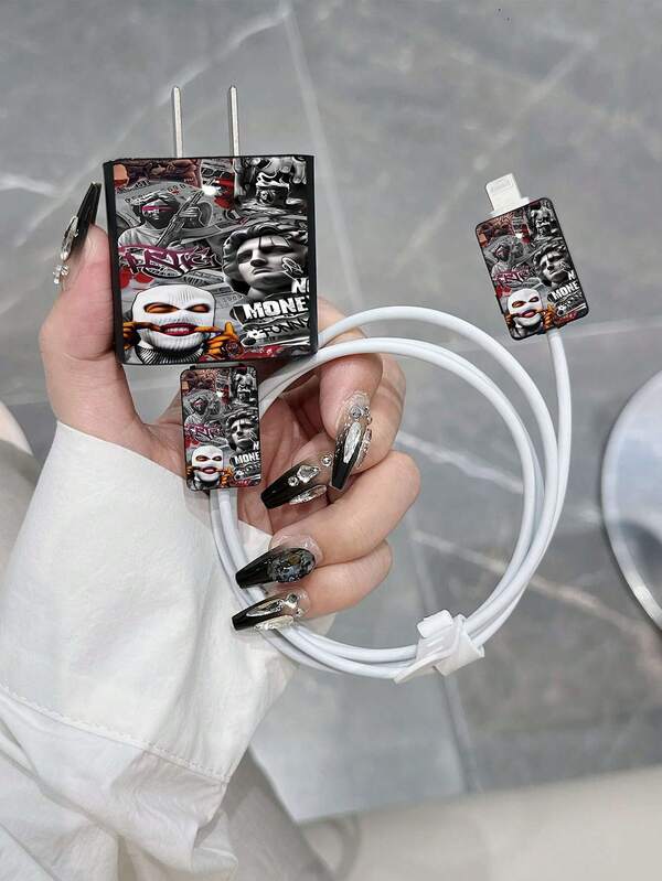 Personalized Masked Figure Graffiti Pattern Charger Protector Case Kit Compatible With 18W/20W Adapter For IPhone 13/14/15 - Charger Protective Case Set, Great As A Gift