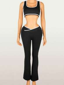 FQLWL Women's Summer Street Slim Fit Set, Solid Color Tank Top Paired With Pants Black - Black - View 2