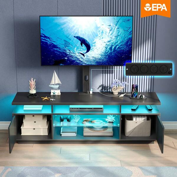 GREENSTELL Modern TV Stand For 32/45/55/60/65/70 Inch TVs, Living Room Entertainment Center With LED Lights And Charging Station, Swivel And Height Adjustable