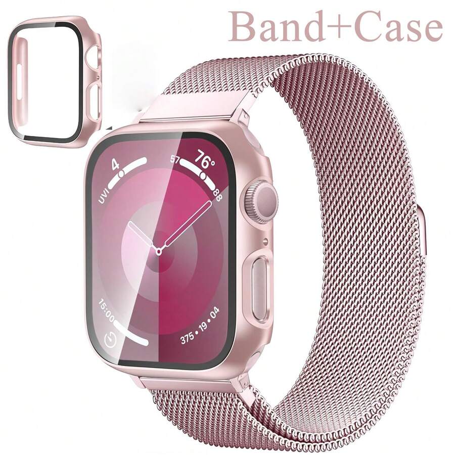 Magnetic Watch Band And Case Suitable For 40mm/41mm/42mm/44mm/45mm/46mm/49mm Watches, Unisex, Stainless Steel Milanese Strap, Full Coverage Protective Case, Compatible With Ultra SE 11/10/9/8/7/6/5/4/3/2/1 Series - Rose Powder - View 1